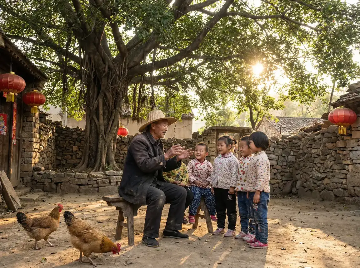 老人在大榕树下给孩子们讲故事 - 废旧工厂被流浪狗涨精装满肚 乡村记忆